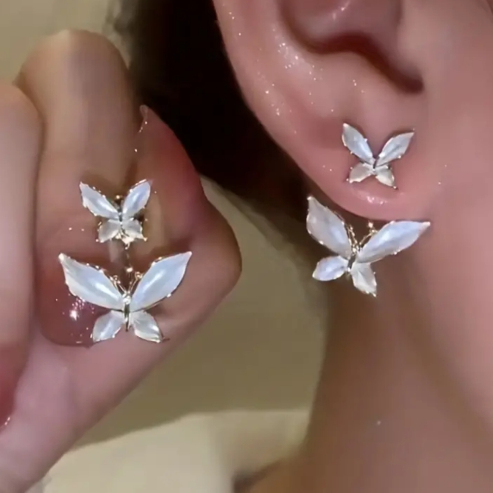 Double Exquisite Butterfly Design With White Gem Stud Earrings Unique Earrings